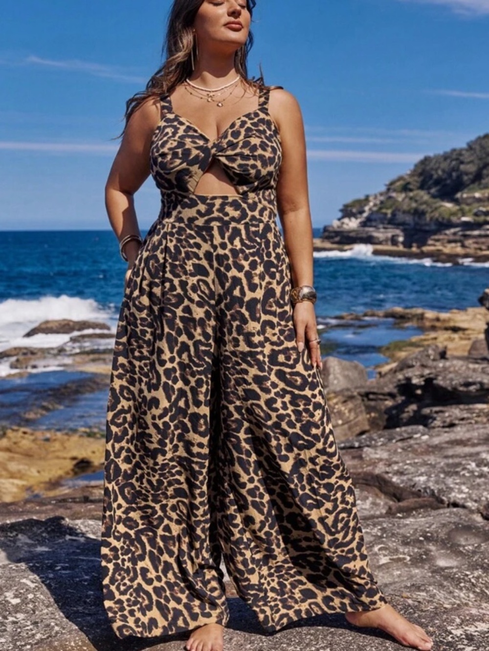 Plus Size Boho Leopard Print Wide Leg Pants Jumpsuit New